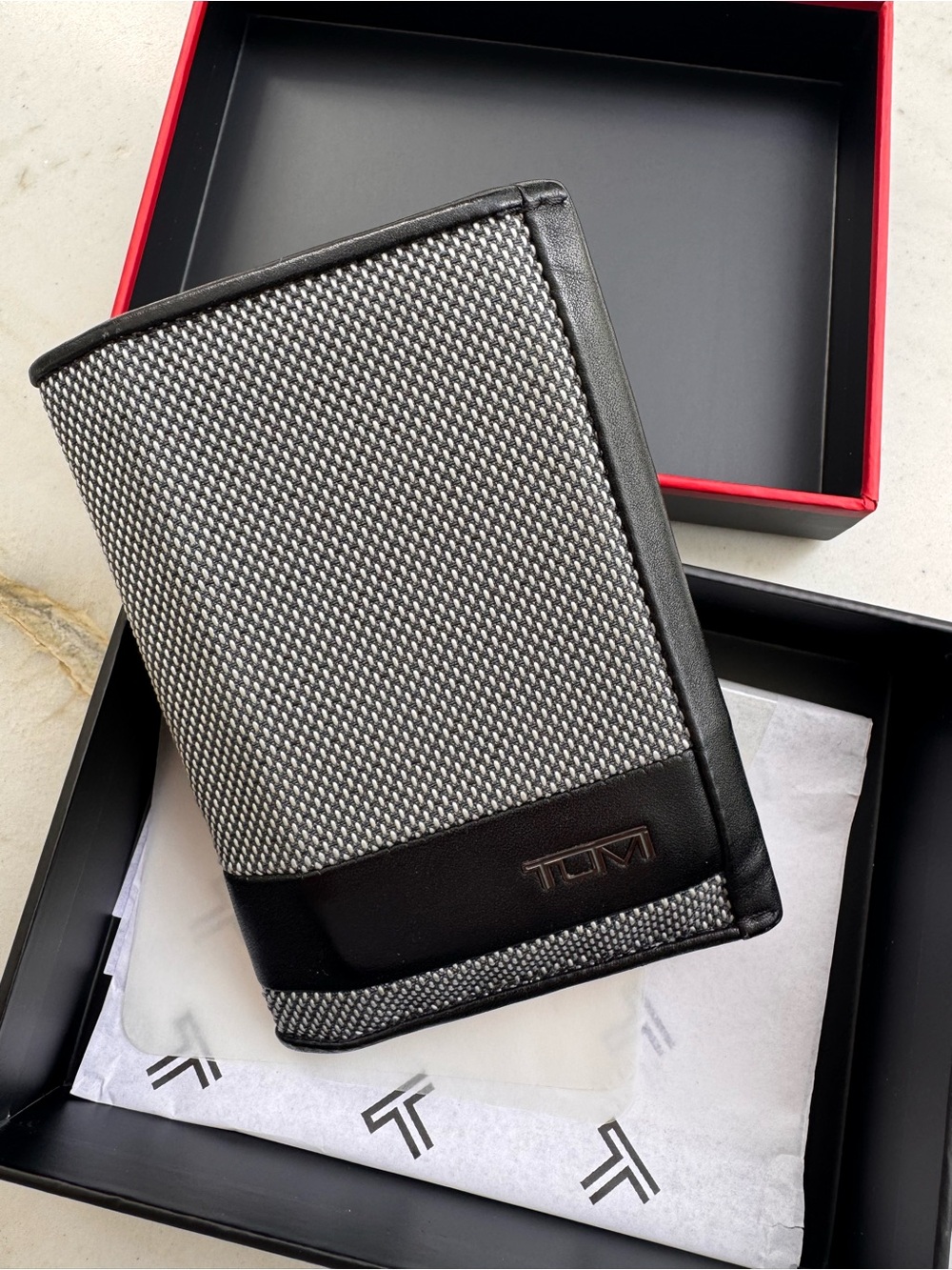 Tumi Black Leather Accessory Box with Silver Logo